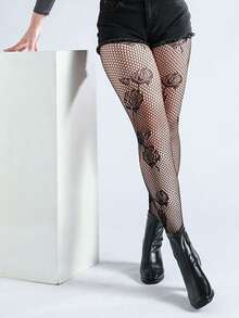 1pair Plus Size Jacquard Fishnet Stockings, Rose Hollow-Out Leggings, Sexy & Fashionable, Suitable For Party, Home, Office, Black - Multicolor - View 4