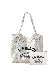 「Beach Therapy」圖案白色波點沙灘托特包套組，附星星吊飾，大容量可折疊，可愛多巴胺時尚托特包，適合購物包、旅行包、通勤包，理想用於海灘旅行、泳池派對、購物與日常使用，適合女性、旅行者與海灘愛好者，適合作為返校、度假與送禮之選 - 彩色 - 查看 16