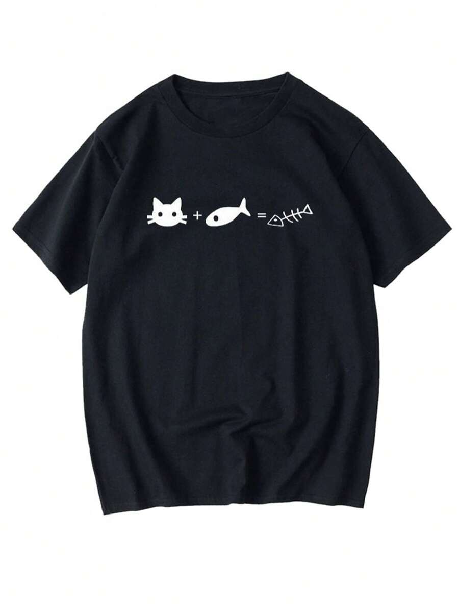 Funny Cat Math Formula T-Shirt - Short-Sleeved Cotton T-Shirt With Feline Comparisons, Perfect For Pet Owners Men's Summer Clothing - 黑色 - 查看 1