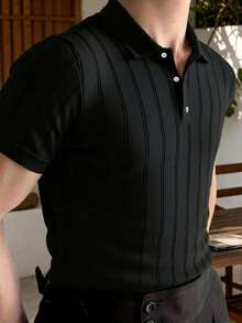 ALTZTAR 男士罗纹短袖 Polo 领针织衫，适合日常穿着、户外活动和通勤。 - 黑色 - 查看 1