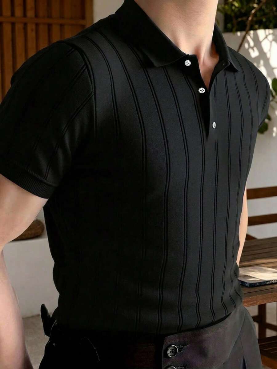 ALTZTAR 男士罗纹短袖 Polo 领针织衫,适合日常穿着、户外活动和通勤。 - 黑色 - 查看 1