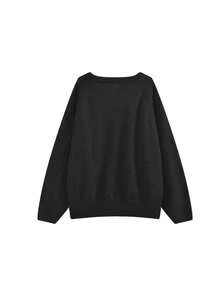 Korean Style Minimalist V-Neck Loose Fit Versatile Slouchy Solid Color Sweater - Black - View 8