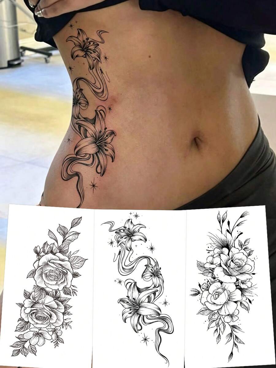 3入時尚可水洗線條百合花紋身貼紙，防水長效，清新花苞漸層花蕊圖案，適合女性側腰，逼真臨時紋身貼