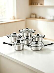 12pcs/6pcs Stainless Steel Cookware Set Stockpot Saucepan Frying Pan Set With Tempered Glass Lids Heat Resistant Handles Induction Gas Electric Stove Compatible Kitchen Cooking Pots Pans,Durable And Easy To Clean - View 2