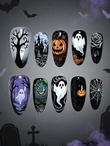 Vintage Halloween Style! 10PCS Almond Shaped Fake Nails Dark Gothic Style Black & White Contrast Spider Web Rose Flower Design Cute White Ghost Pumpkin Tombstone Monster Pattern Press-On Nails Purple Gradient Design Eerie Castle Pattern Halloween Nail Art, Includes 1 Sheet Jelly Glue And 1 Nail File (Jelly Glue Randomly Shipped), Suitable For Women And Girls For Halloween Parties, Gatherings And Other Occasions - Multicolor - View 1