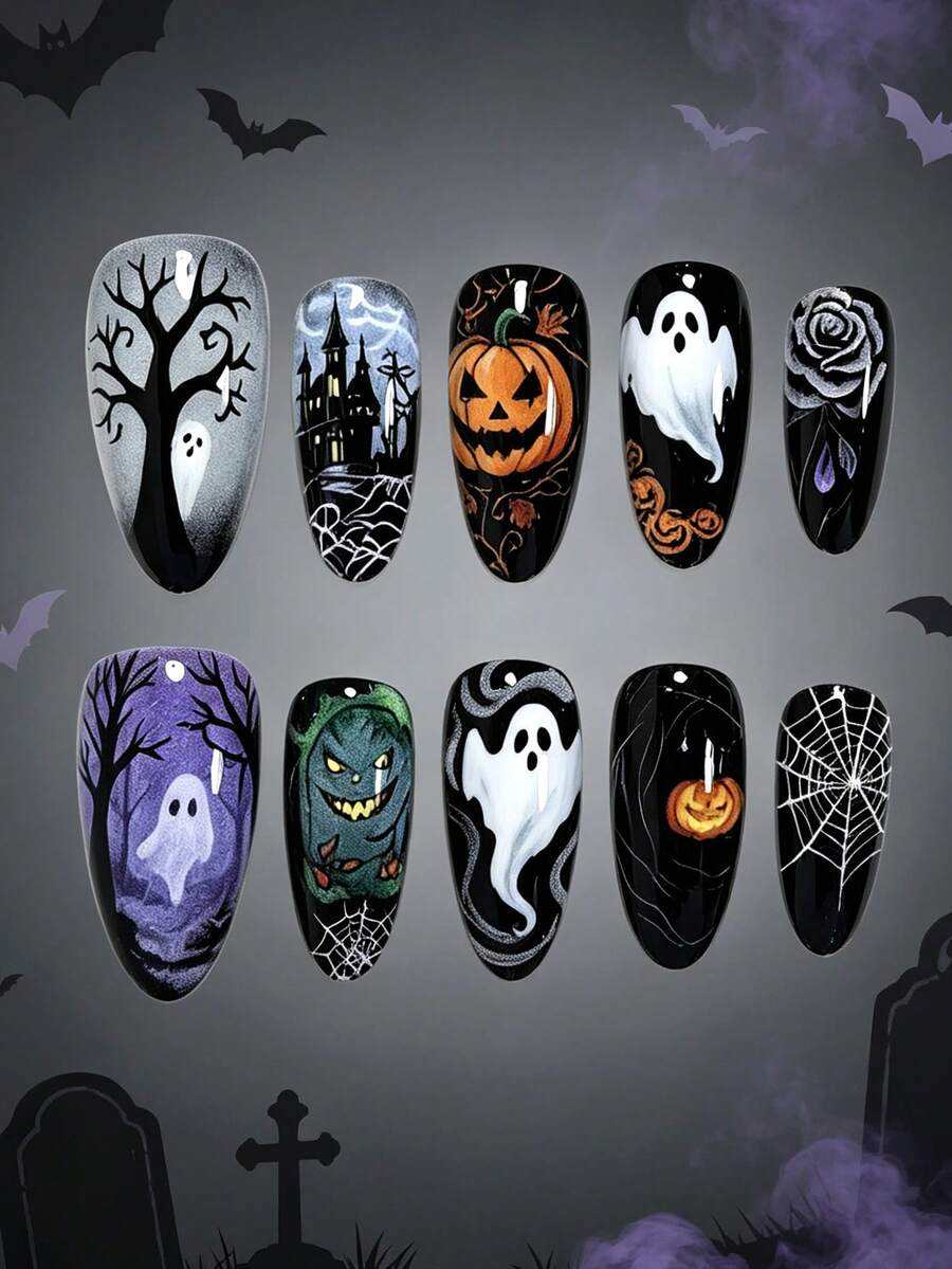 Vintage Halloween Style! 10PCS Almond Shaped Fake Nails Dark Gothic Style Black & White Contrast Spider Web Rose Flower Design Cute White Ghost Pumpkin Tombstone Monster Pattern Press-On Nails Purple Gradient Design Eerie Castle Pattern Halloween Nail Art, Includes 1 Sheet Jelly Glue And 1 Nail File (Jelly Glue Randomly Shipped), Suitable For Women And Girls For Halloween Parties, Gatherings And Other Occasions - Multicolor - View 1