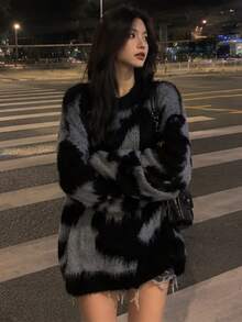 女士不对称拼色毛绒落肩超大毛衣 - 黑色 - 查看 9