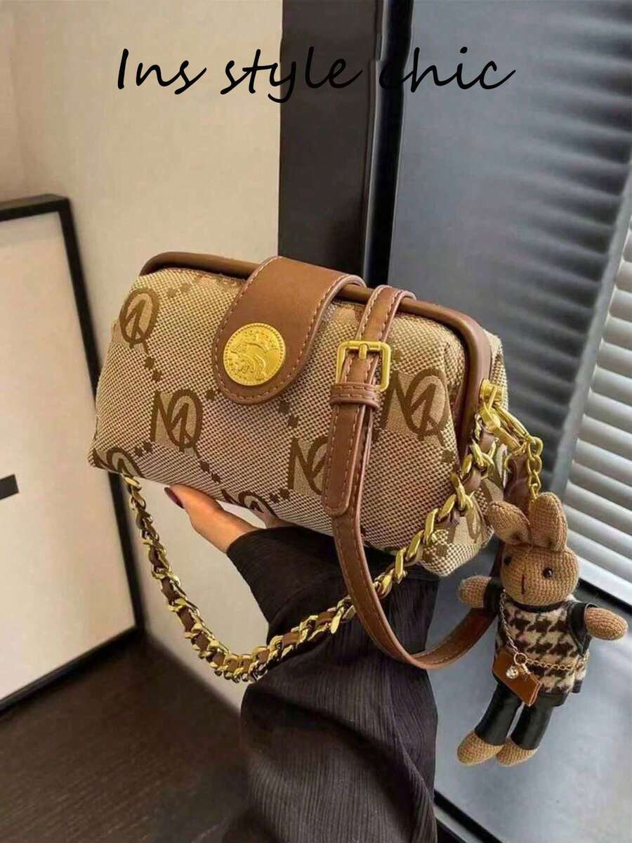 Khaki Letter Print Small Square Shoulder Bag, Dual Gold Chain & Leather Handle Strap, Metal Buckle Decor, Cute Rabbit Charm, Daily Handbag - Khaki - View 1