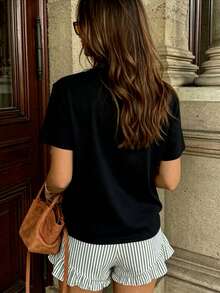 2pcs Women's Printed Short Sleeve Top + Elastic Waist Shorts Pajama Set - Black - View 3