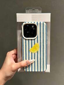 1件時尚清新藍色條紋檸檬圖案荔枝紋理手機殼，適用於 iPhone 18/18 Pro/18 Pro Max/17/17 Pro/17 Pro Max/16/16 Pro/16 Pro Max/15/15 Pro/15 Pro Max/14/14 Pro/14 Pro Max/13/12/11 - 藍色 - 查看 4