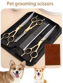 7" Professional Stainless Steel Pet Grooming Scissors Set, Includes Thinning, Curved And Straight Scissors, Gold Color, Ambidextrous, For Dog, Rabbit And Small Pet Hair Trimming - Multicolor - View 9