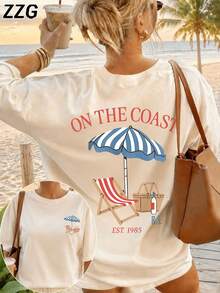 ZZG 夏季女款杏色大廓型 On The Coast 海灘圖案正反面印花圓領短袖復古度假休閒T恤 - 杏色 - View 1
