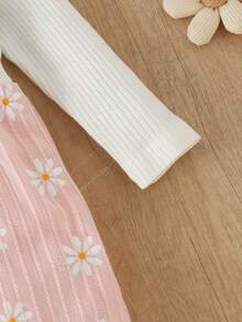 1 pieza Mono de bebé niña con estampado de margarita y lazo acanalado, con diadema, fino para primavera/otoño - Rosa - Ver 5
