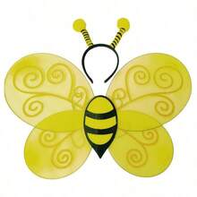 2pcs Cute Halloween Bee Costume Accessory Set, Includes Bee Headband And Wings. Plush Antenna Headband Paired With 3D Yellow And Black Striped Wings, Lightweight Mesh Material For Wearable Use. Suitable For Halloween Dress-Up, Cosplay, Theme Parties, Stage Performances, Parent-Child Activities. Adorable And Eye-Catching Holiday Outfit Gift - Yellow - View 3