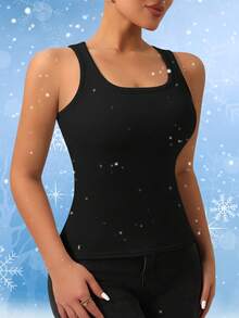 1pc Autumn/Winter Thermal Lined Thick Vest, 2-In-1 Built-In Cup Pad Brushed Ribbed Fitted Camisole - Black - View 5
