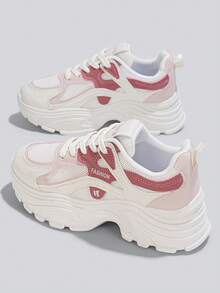 Flipark (Les consommateurs japonais sont recommandés de commander une taille au-dessus) Baskets à semelle épaisse pour femmes, baskets Épais à la mode, chaussures décontractées augmentant la taille, baskets blanches en maille, chaussures de trajet quotidien, chaussures d'étudiant, chaussures de marche - Rose bonbon - Voir 1