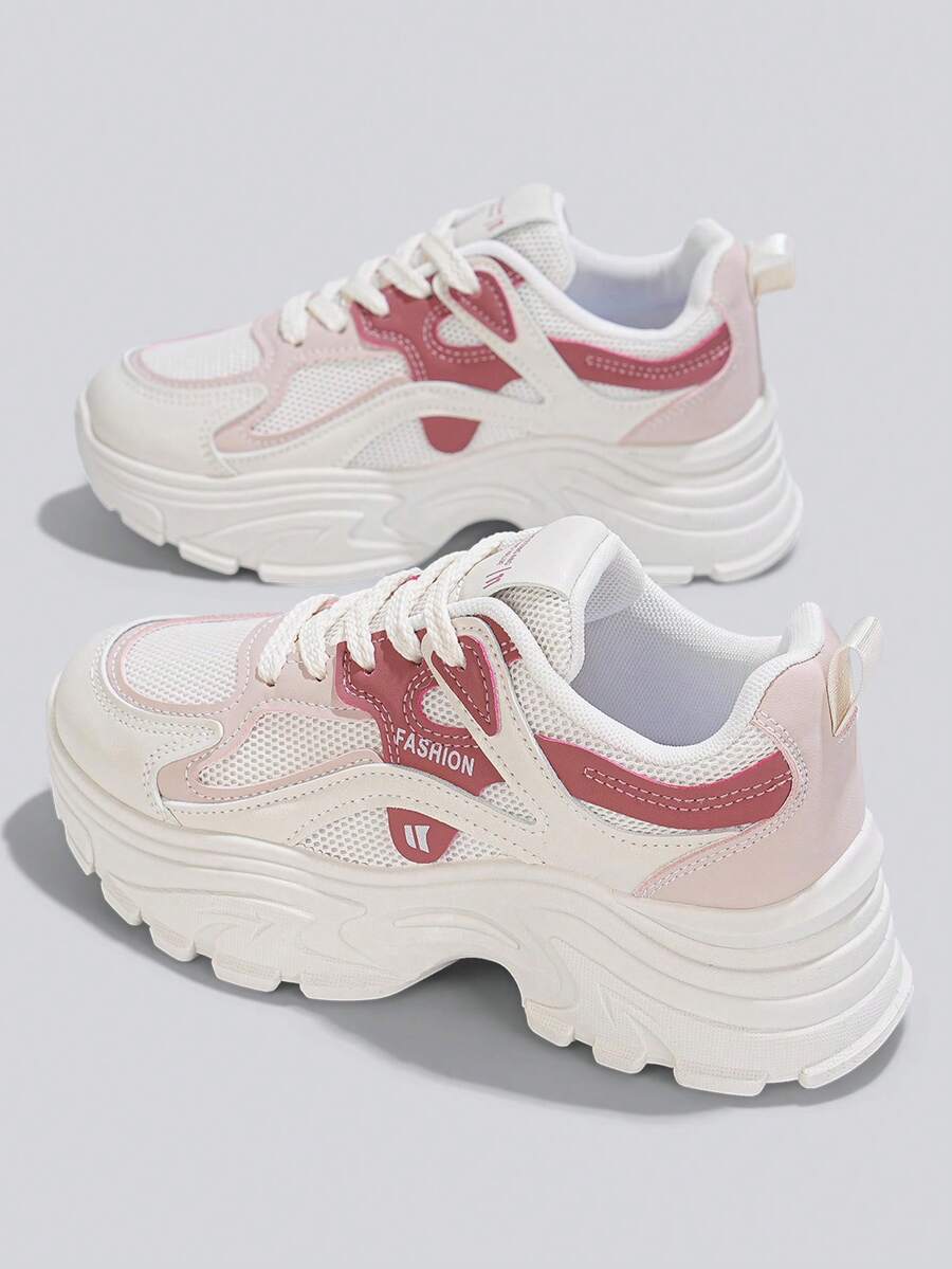 Flipark (Les consommateurs japonais sont recommandés de commander une taille au-dessus) Baskets à semelle épaisse pour femmes, baskets Épais à la mode, chaussures décontractées augmentant la taille, baskets blanches en maille, chaussures de trajet quotidien, chaussures d'étudiant, chaussures de marche - Rose bonbon - Voir 1