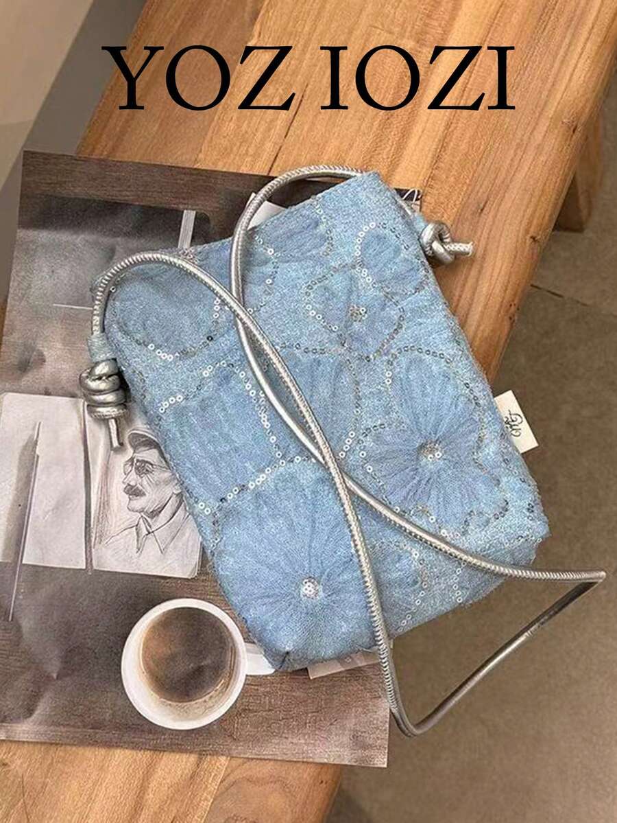 女款小眾設計串珠刺繡水桶包,2026新款輕量通勤斜挎手機包,適合日常出行與購物,百搭時尚 - 霧霾藍 - 查看 1