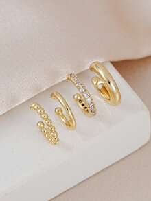 4件組極簡風立方鋯石耳夾套組，可疊戴免穿耳飾，適合日常與辦公穿著（4件，非4對） - 金黃色 - 查看 6
