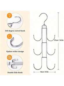 1 Pc Rotating Wallet Holder, 6 Large Hooks, 360° Swivel Display Rack, Space Saving Foldable, For Handbags Belts Scarves Ties, Closet Hanging Storage, Purse Display Stand, Sturdy Durable, Easy Access, Keep Closet Tidy - Silver - View 2