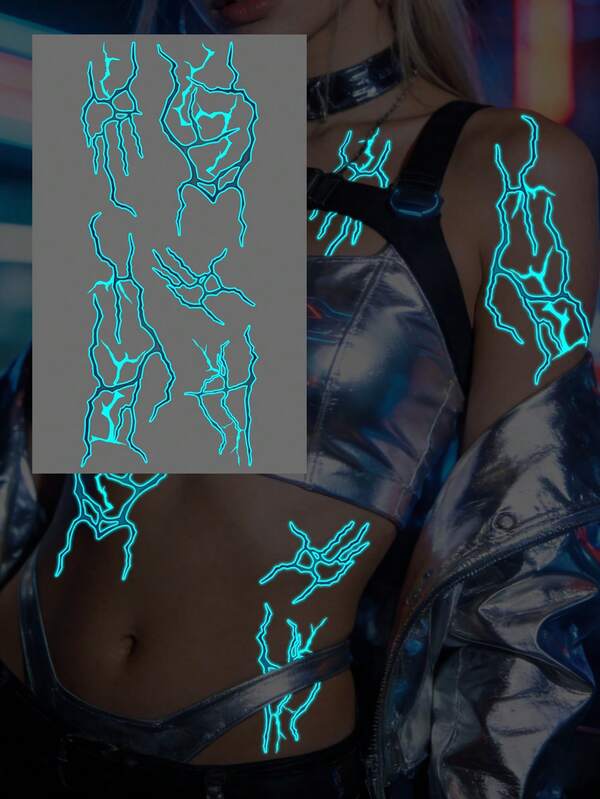 STARTTOOS 1pc Halloween Glow-In-The-Dark Cool Abstract Lightning Pattern Temporary Tattoo Sticker, Waterproof Tattoo Sticker For Arm, Waist, Abdomen, Leg