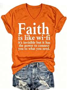 Women Christian Faith Letter Print T-Shirt, Faith Is Like Wi-Fi Graphic Round Neck Short Sleeve 100% Cotton Summer Top, Plus Size All Season - 橘色2 - 查看 1