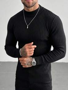 Men's Ribbed Slim Fit Regular Shoulder Mercerized Mock Neck Long Sleeve Sweater - Black - View 4