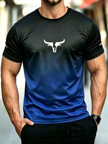 Men's Outdoor T-Shirt, Gradient Color Round Neck Design, Bull Head Print, Summer Sport Quick-Dry Breathable Short Sleeve, For , Workout Sports - Blue - View 1