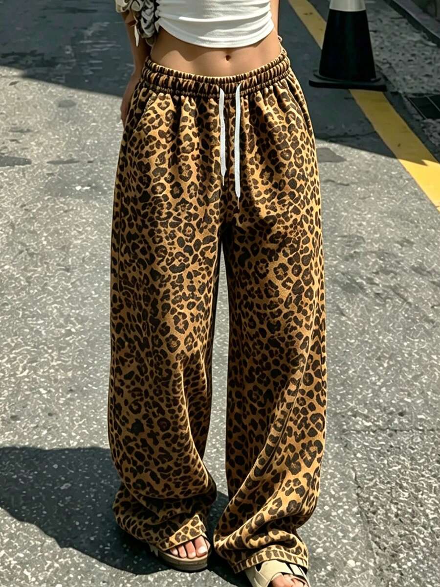 Women's Outdoor & Home Comfortable Skin-Friendly Versatile Leopard Print Long Pants With Elastic Waist & Drawstring Design - Black - View 1