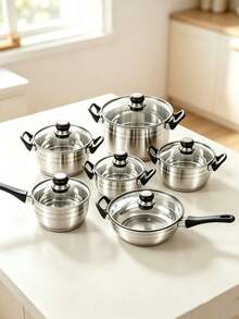 12pcs/6pcs Stainless Steel Cookware Set Stockpot Saucepan Frying Pan Set With Tempered Glass Lids Heat Resistant Handles Induction Gas Electric Stove Compatible Kitchen Cooking Pots Pans,Durable And Easy To Clean - View 3