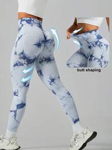 Leggings de sport pour femmes à taille haute avec contrôle du ventre, effet tie-dye, taille côtelée, gainant, élastiques et séchage rapide, pantalon de cyclisme - Bleu ciel - Voir 10