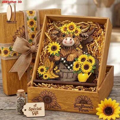 Cute Highland Cow With Sunflower Napkin Holder Wooden Tissue Organizer 2D Flat Design Farmhouse Kitchen Decor