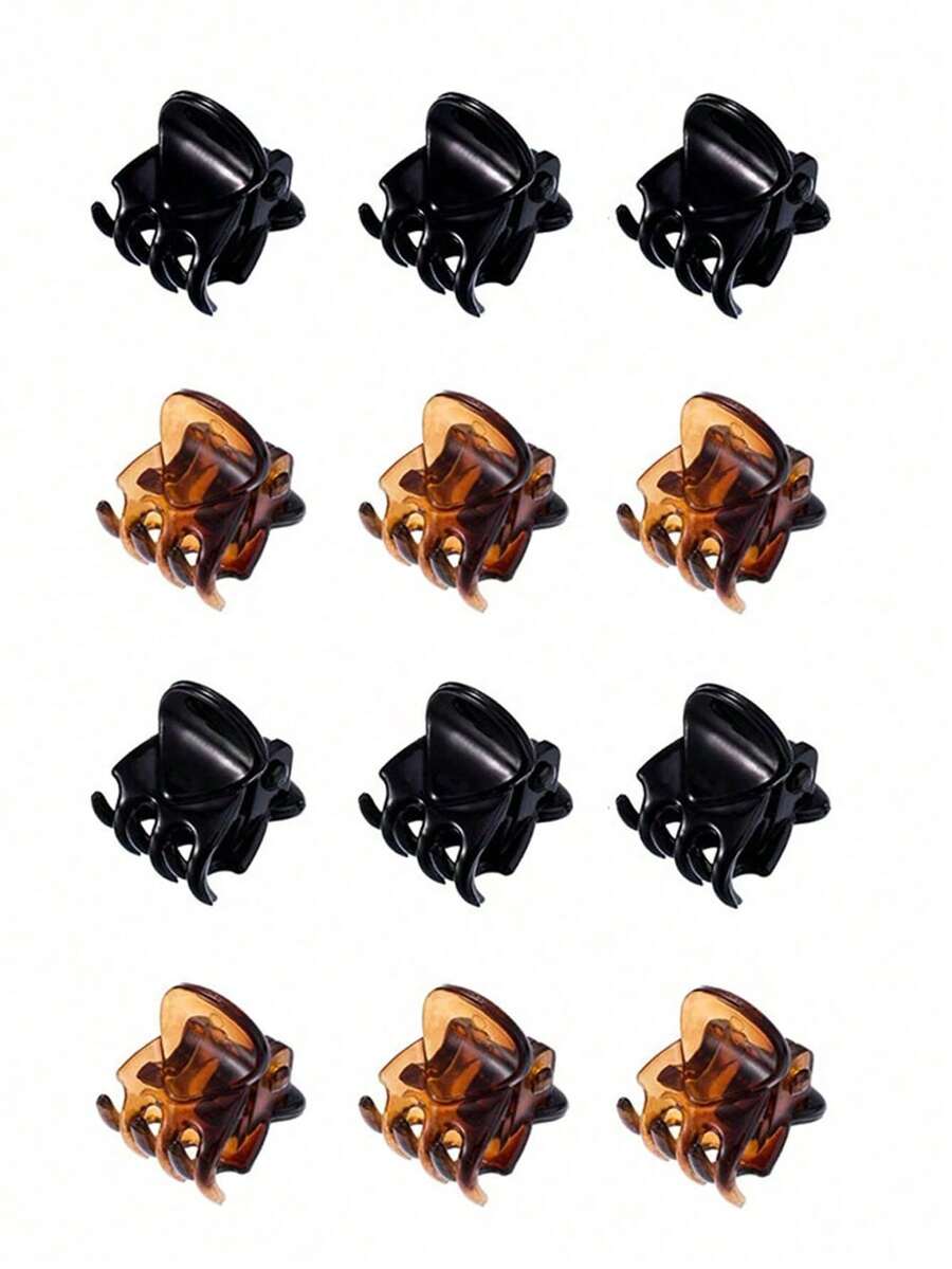 12pcs Women's Shiny Black & Champagne Mini Hair Clips, Cute Bangs Clips, Adult Daily Styling Hair Accessories
