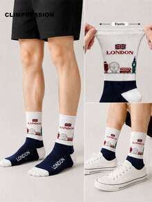 Calcetines de media caña de algodón puro para hombre CLIMPRESSION, con estampado de eslogan deportivo, puño a rayas, calcetines deportivos casuales para la temporada de regreso a la escuela - Azul Marino - Ver 5