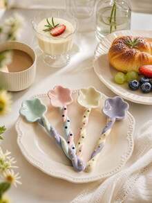 1SET Candy Color Cute Long Handle Ceramic Spoon, Cartoon Dessert Spoon, Hand-Painted Ice Cream Spoon, Asymmetrical Twisted Handle, Colorful Kitchen Utensils, Suitable For Stirring, Serving And Entertaining, Yogurt Spoon - View 2