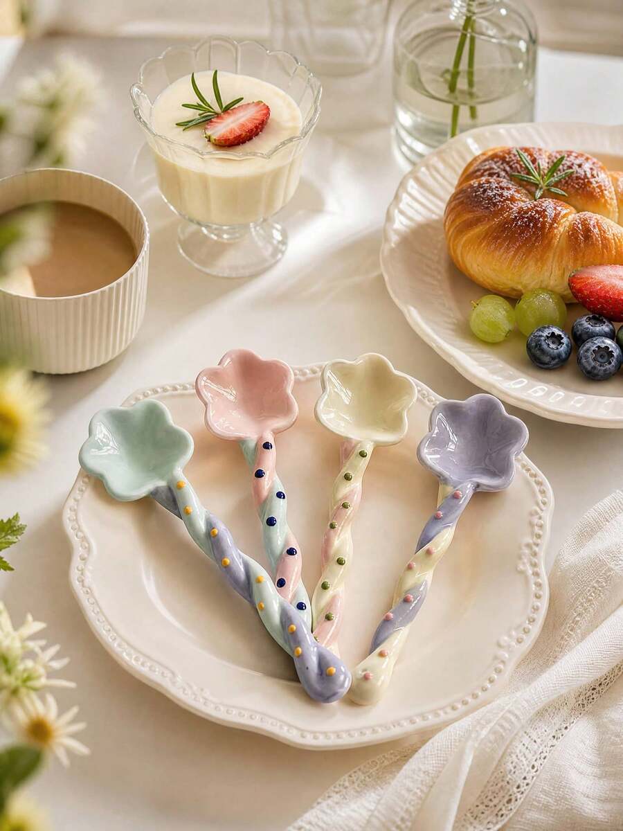 1SET Candy Color Cute Long Handle Ceramic Spoon, Cartoon Dessert Spoon, Hand-Painted Ice Cream Spoon, Asymmetrical Twisted Handle, Colorful Kitchen Utensils, Suitable For Stirring, Serving And Entertaining, Yogurt Spoon