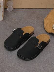 Women's New Fashion Black Thick Sole Slippers, Versatile Soft Bottom Closed Toe Buckle Half-Slip Flat Shoes, Outdoor Casual Loose Comfortable Mule Shoes - Black Matte Finish - View 6