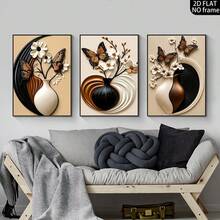 3-Piece Frameless Modern Minimalist Vase & Floral Wall Art Print Canvas Decor, Abstract Geometric Butterfly & Floral Frameless Poster, Home Decor Neutral Earth Tone Wall Art, Holiday Decoration Gift - Beige - View 3
