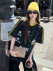 Women's Loose Striped Colorblock Letter Print Short Sleeve T-Shirt, Versatile Summer Top Casual - Navy Blue - View 2