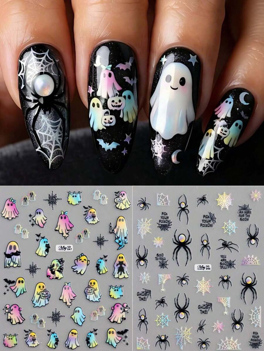 2件組 浮雕幻彩萬聖節美甲貼紙 卡通蜘蛛、幽靈、蝙蝠、貓、南瓜、蜘蛛網 哥德風詭譎美甲貼花 Trick Or Treat 節日 DIY 美甲凝膠壓克力美甲藝術用品 - 彩色 - 查看 1
