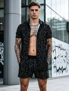 1 Set Men's Sports Casual Outfit, All-Over Print Summer Lapel Shirt And 5-Point Shorts, Streetwear Style - Black - View 1
