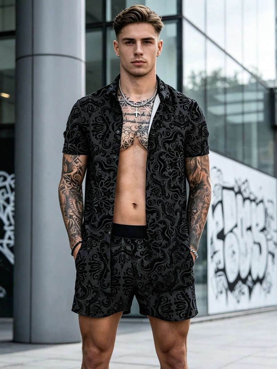 1 Set Men's Sports Casual Outfit, All-Over Print Summer Lapel Shirt And 5-Point Shorts, Streetwear Style - Black - View 1