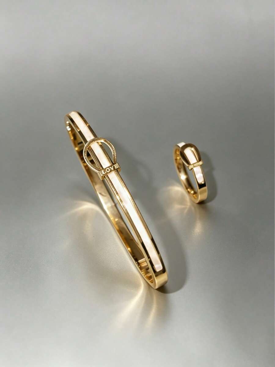 Bộ 1/2 chiếc vòng tay và nhẫn hình cỏ bốn lá mạ vàng 18K bằng thép không gỉ, đính đá quý, phụ kiện trang sức cưới cao cấp.