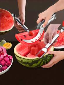 [3pcs Set Watermelon Slicer] 3pcs Easy-Cut Stainless Steel Watermelon Slicer, Watermelon Chunk Slicer, Watermelon Fruit Divider, Watermelon Ball Scooper, Summer Melon Eating Tool - Multicolor - View 10