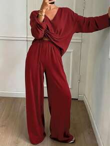 2 Pcs Women Satin V‑Neck Loungewear Set, Loose Long Sleeve Top & Long Pants, Casual Home Outfit For Spring Autumn - Burgundy - View 2