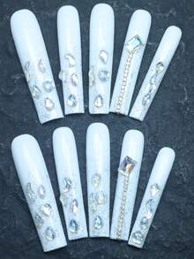 CrystalHola 10片手工穿戴甲，長款棺材形亮面水鑽美甲，奢華3D飾品裝飾美甲，壓克力材質，可重複使用，批發，迷人百搭風格，適合日常穿戴/約會/派對/婚禮/夜晚出門，工具隨機顏色 - 彩色 - 查看 5