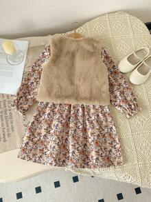 Young Girls Autumn 2pcs Set Solid Color Faux Fur Bow Sleeveless Vest + Corduroy Casual Dress - Brown - View 3
