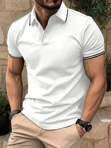 ALTZTAR 男士休闲通勤撞色滚边短袖 Polo 衫 - 白色 - 查看 2