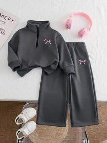 Girls Bow Graphic Print Solid Color Sportswear Set, Minimalist Design, Comfortable For Spring, Autumn, Winter, 2 Pieces - Grey - View 1