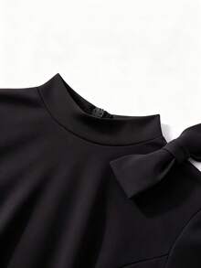 NOU Elegant Lady Style Bow Tie Small Stand Collar Cap Sleeve Short Sleeve A-Line Waist-Defining Mid-Length Dress For Women, Flattering Proportion, - Black - View 9